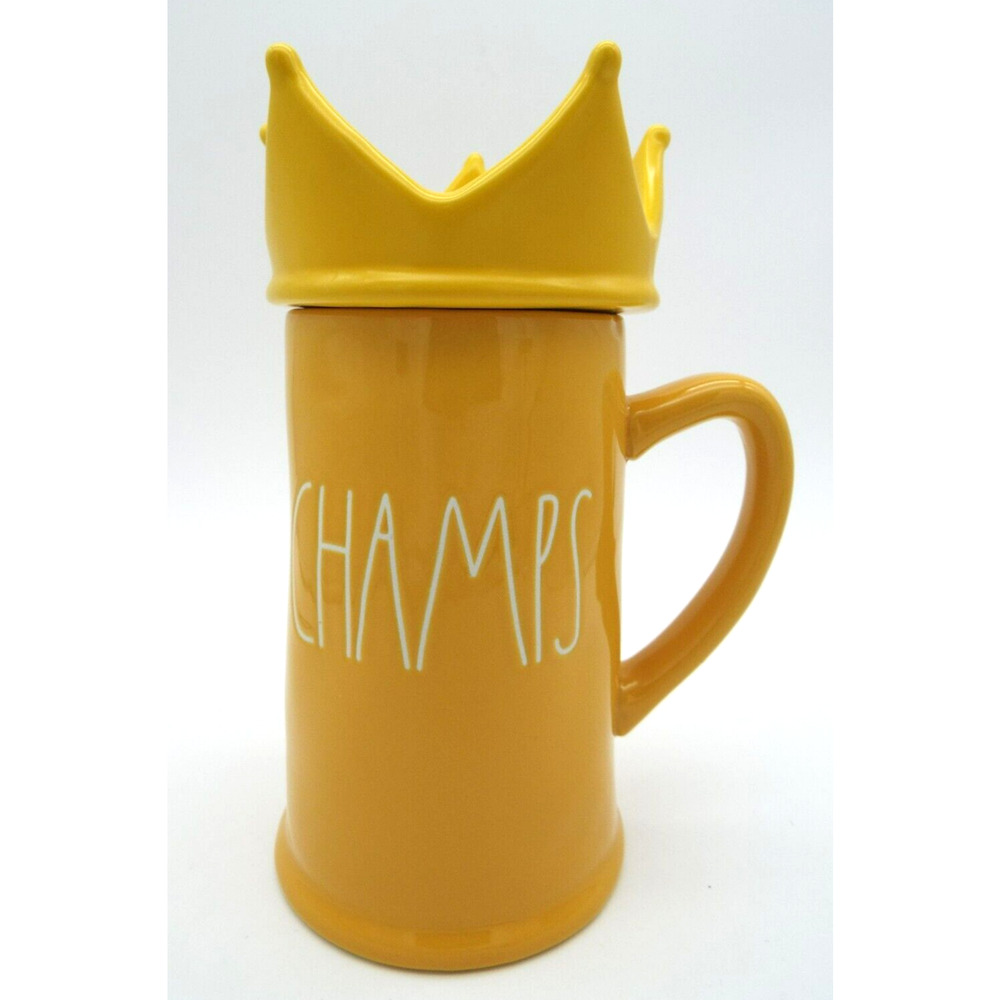 RAE DUNN Mug Yellow CHAMPS Tea Coffee Hot Chocolate Crown Topper Artisan